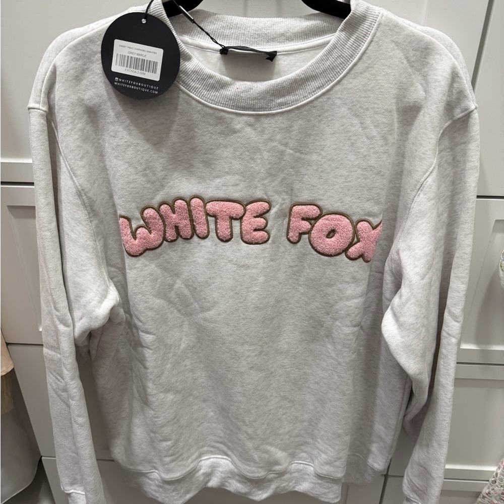 White Fox Boutique Gray and Pink Crew Neck Sweater